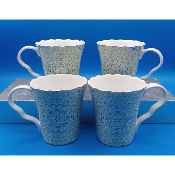 222 Fifth Lyria Teal Paisley Medallion Coffee Mugs Set Of 4 Porcelain Scalloped - Picture 2 of 14